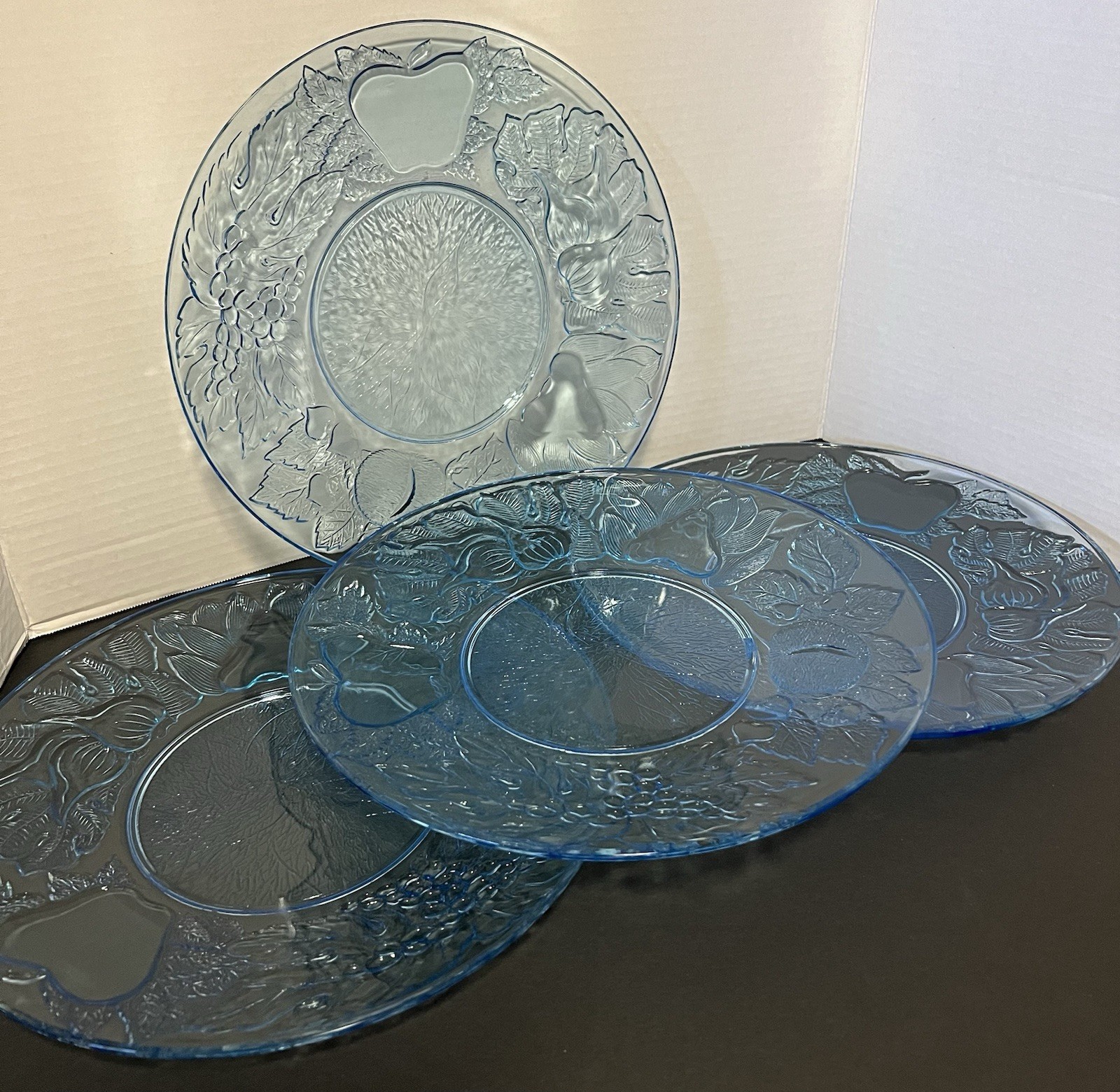 Set of 4 Vintage KIG Indonesia Blue Glass Dinner Plates Embossed Fruit 10.5”