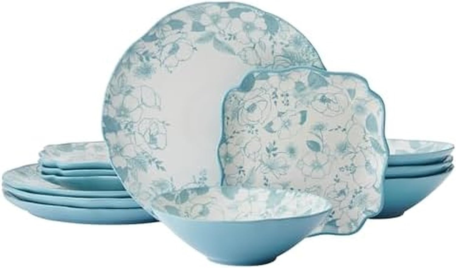 Garden Blossom Floral 12 Piece Plate Bowl Dinnerware Set, Blue