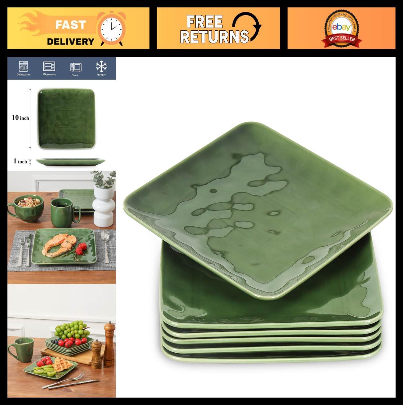 Ceramic Square Plates Set of 6 – 10″ Porcelain Dinner Plates for Steak, Pasta, P
