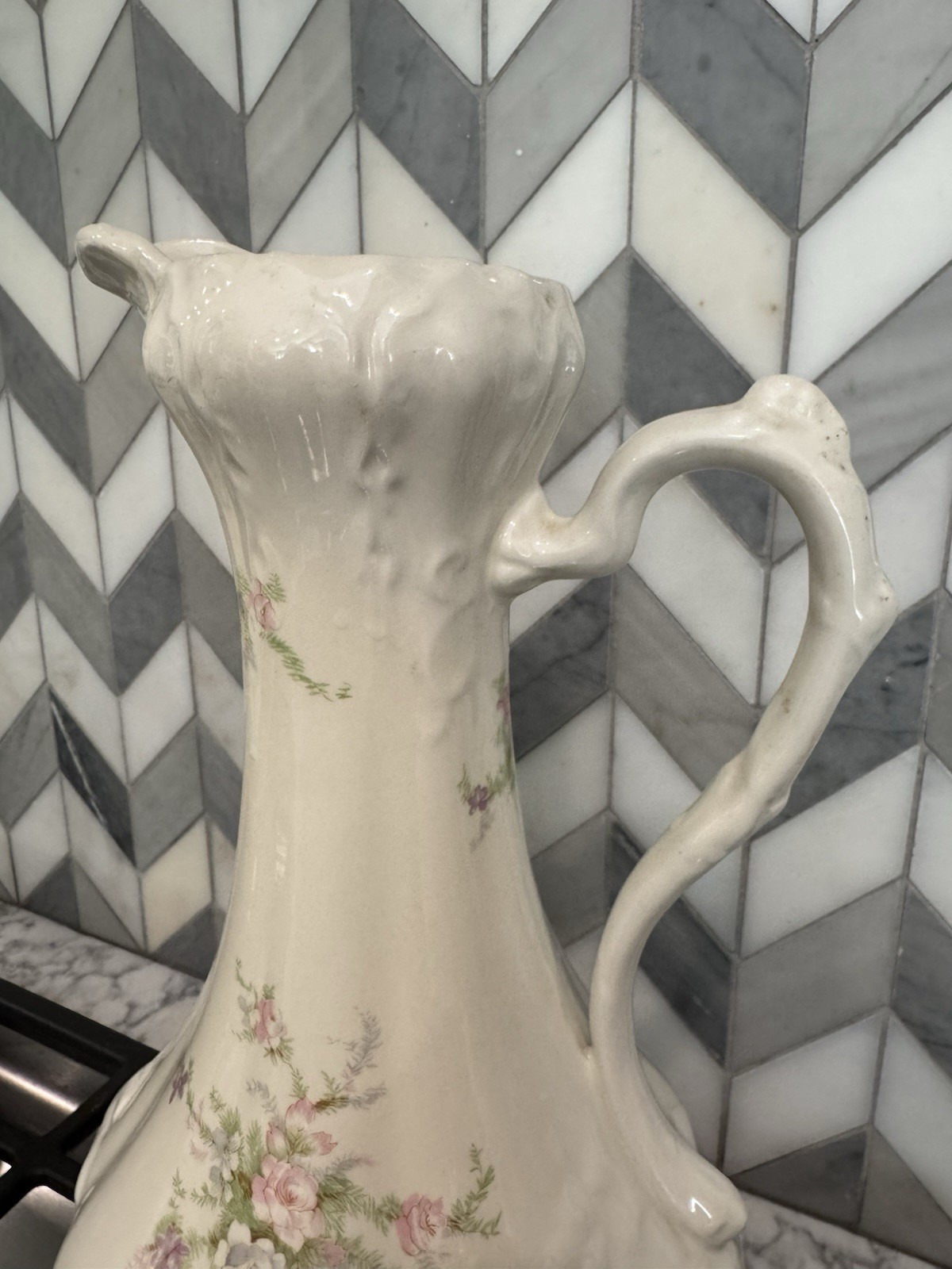 Vintage Ceramic Pitcher White Pink Green Glossy Ceramic Floral Pitcher w/ Handle