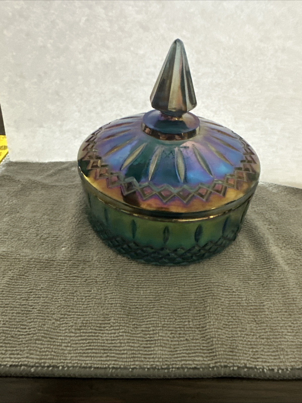 Vintage Indiana Glass Princess Iridescent Blue Carnival Glass Candy Dish W/ Lid
