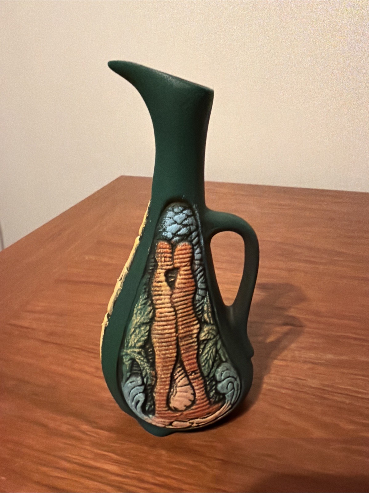 NWOT Georgian Pottery Pitcher Embossed Images Green-multi Home Decor 7”x3”