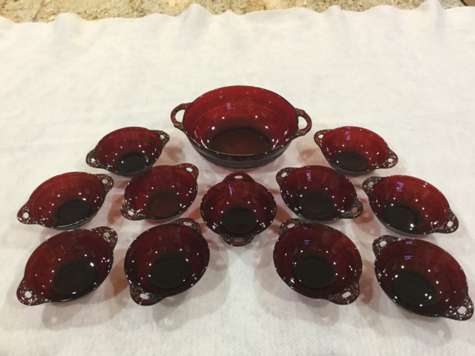Beautiful twelve piece set of Royal Ruby bowls in “Coronation” pattern- Hocking