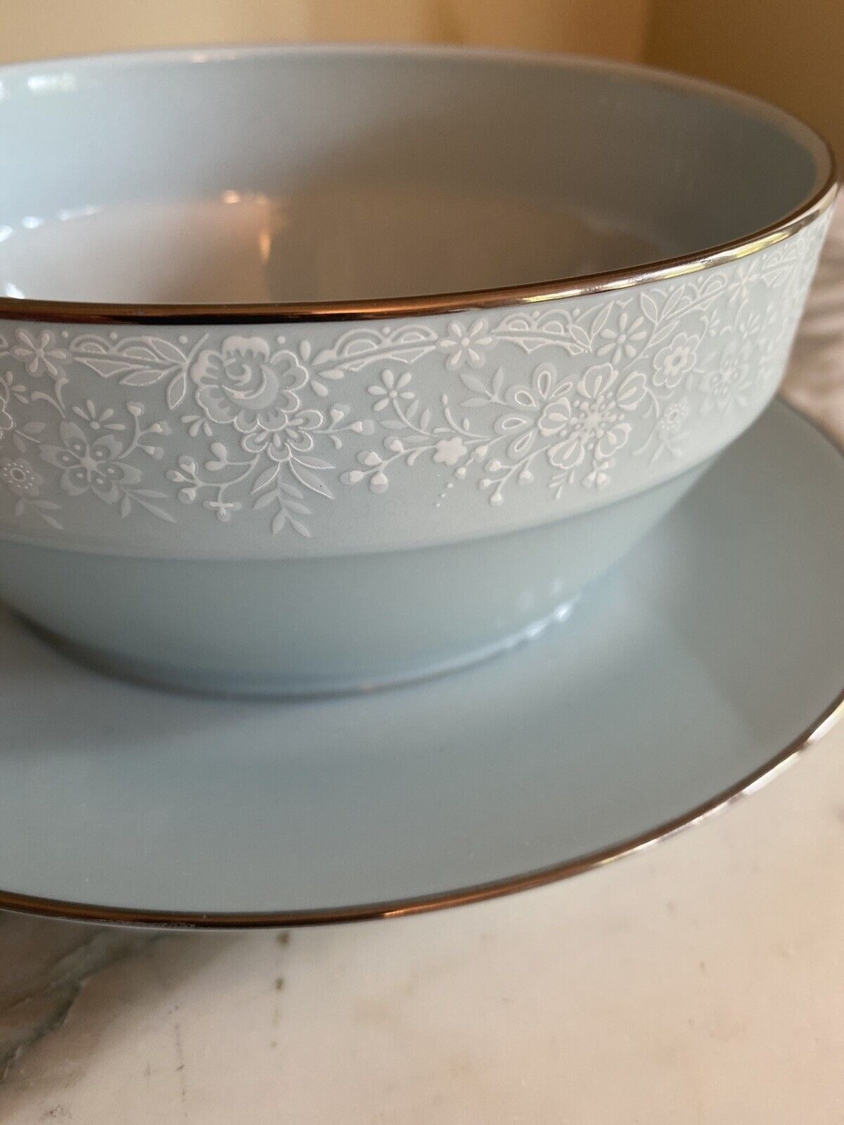 Noritake Fidelity 8003 WBI Soup Bowl & Saucer Set Floral Embossed White Band Blu