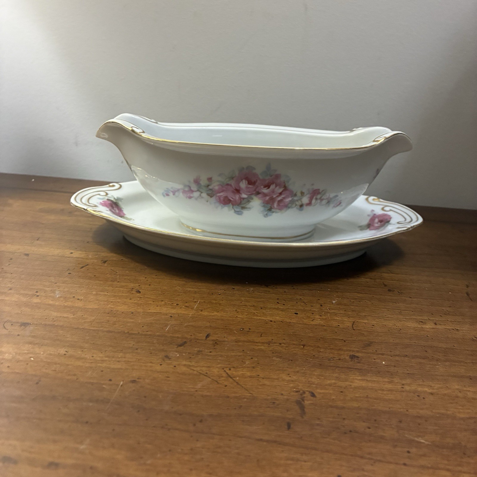 Vintage Fine China Corona Gravy Dish W Saucer Pink Roses Made In Occupied Japan