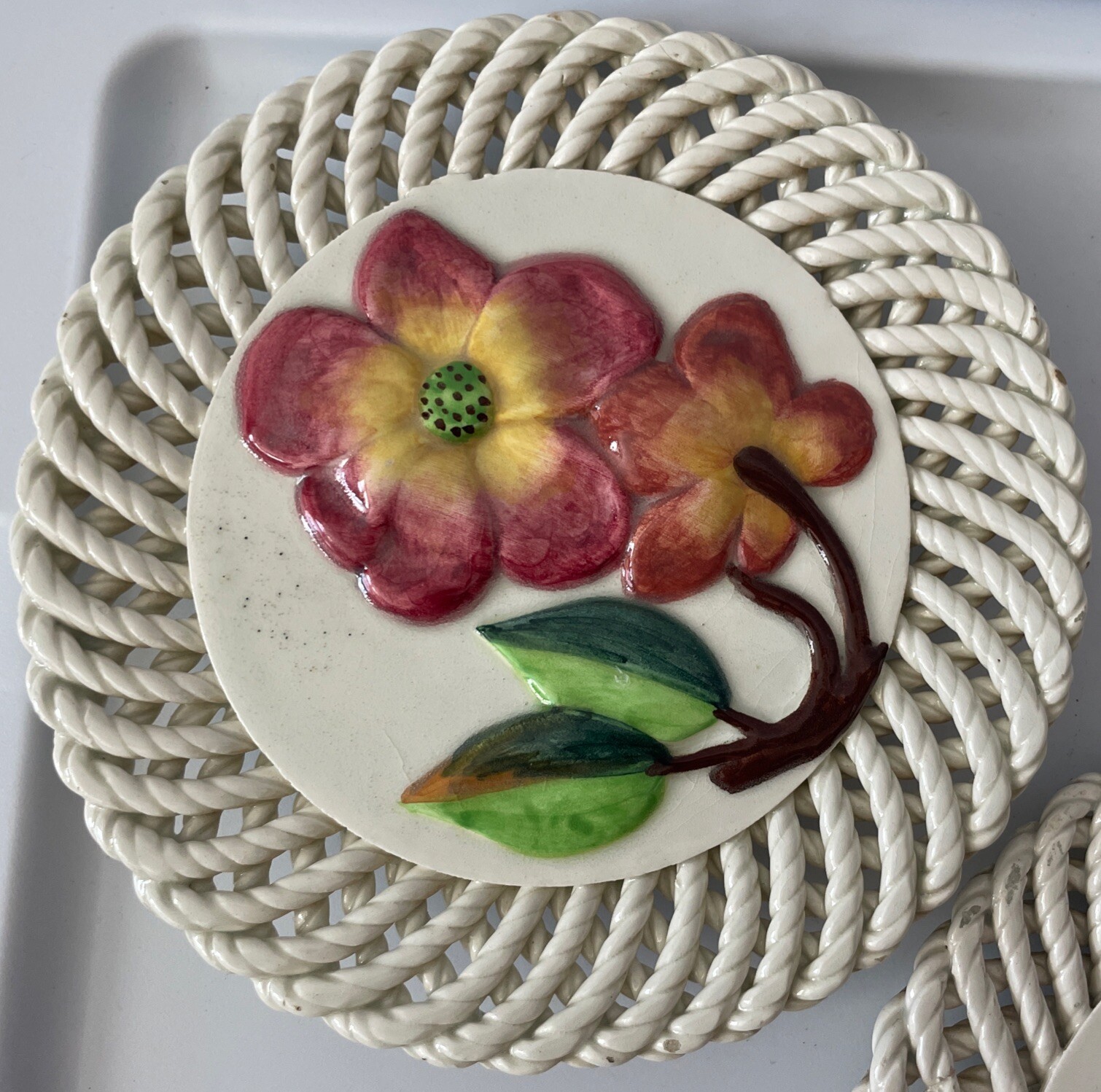 Ceramic Spain Wall Plates Spanish Art 3D Fruit Flowers Lattice Painted Set of 3