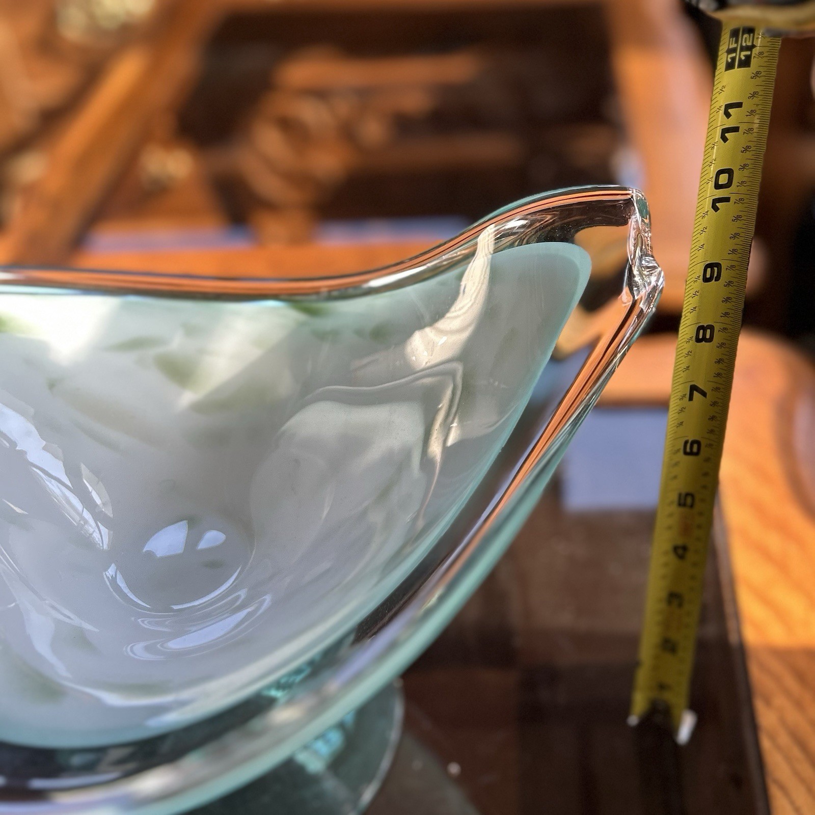 Murano Sommerso Art Glass Pedestal Bowl Blue White Green Swirl 10 in x 8 in