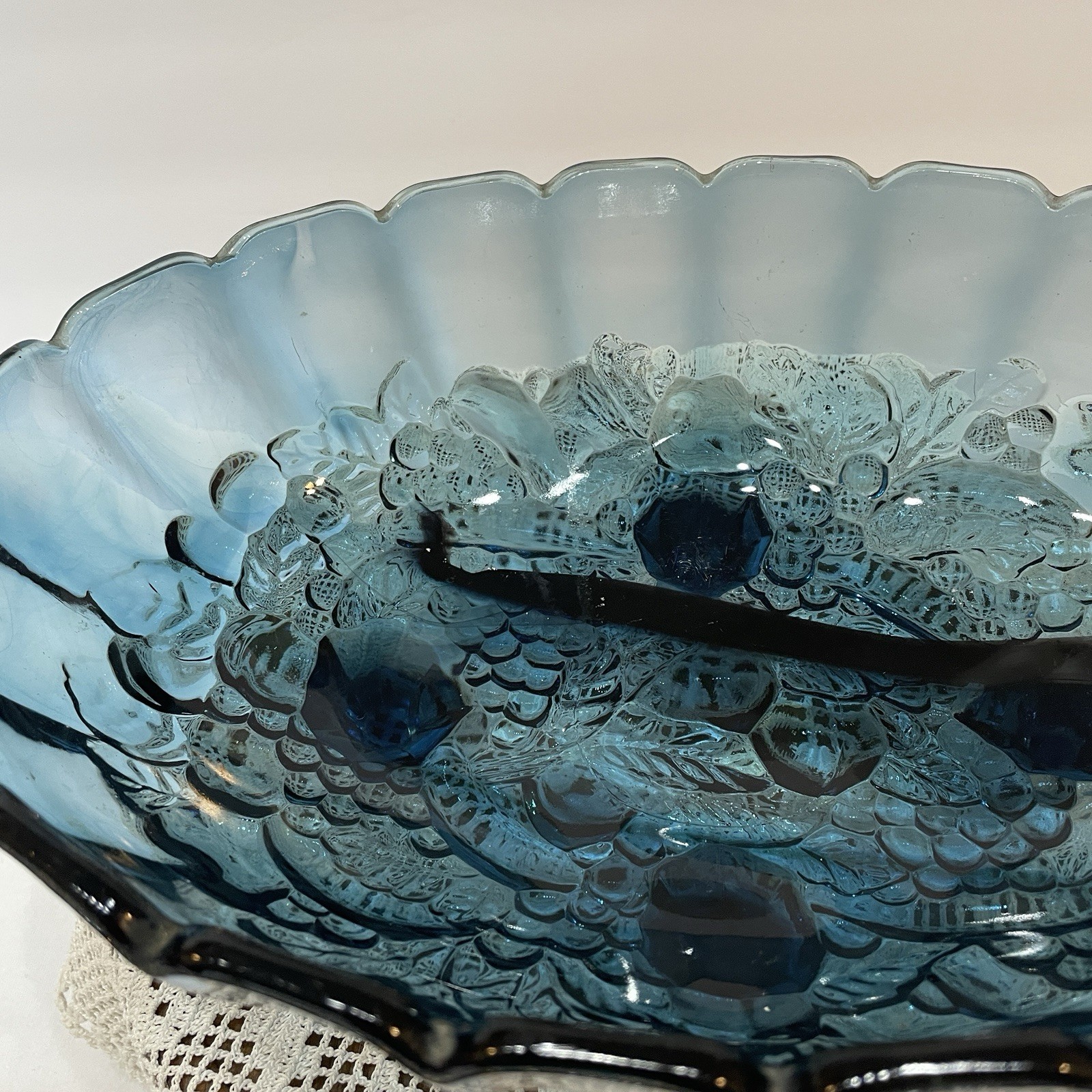 Vintage Indiana Glass Blue Garland Fruit Bowl Footed Oval 12inches Harvest Grape