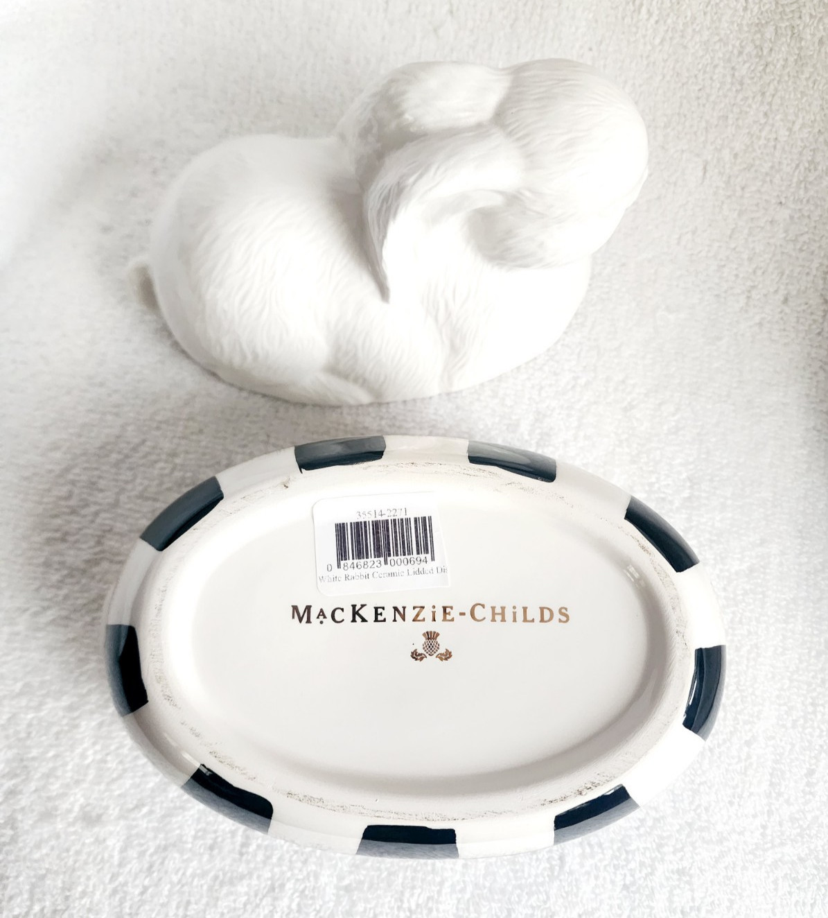 Mackenzie Childs White Rabbit Ceramic Lidded Dish Courtly Check NEW! *OPEN BOX*