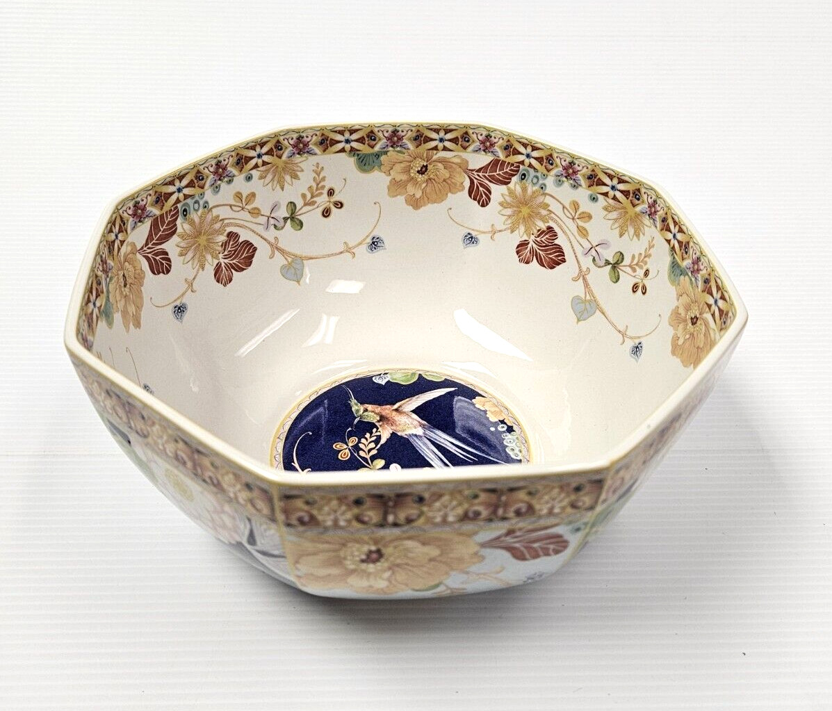 Spode Summer Java 7″ Serving Octagonal Bowl #F1994 with Birds Flowers 7″Wx3.5″H