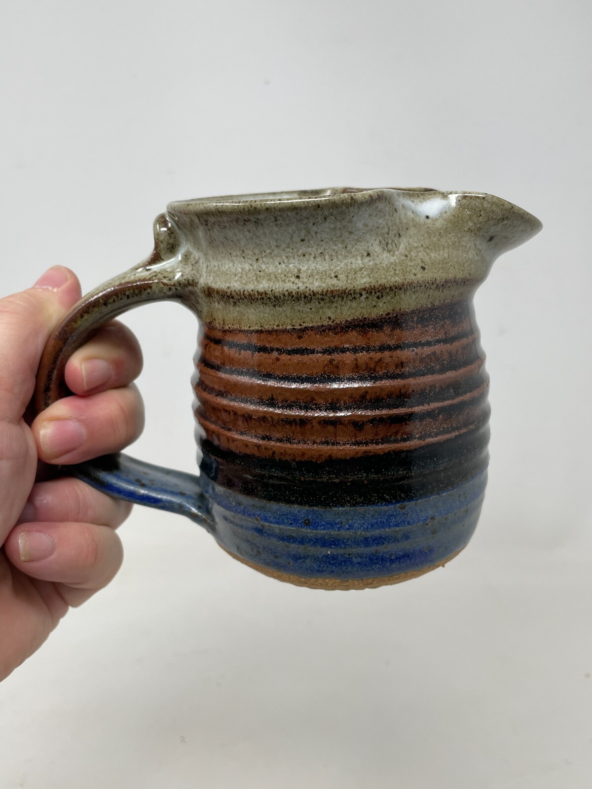 Studio Art Pottery Stoneware Creamer Pitcher Blue Brown Marked Rustic 4.5in