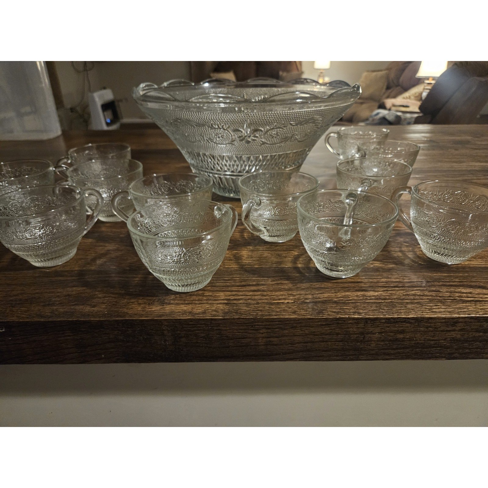 Vintage Glass Princess Punch Bowl Set Clear 11 Piece 10 Cups Scalloped