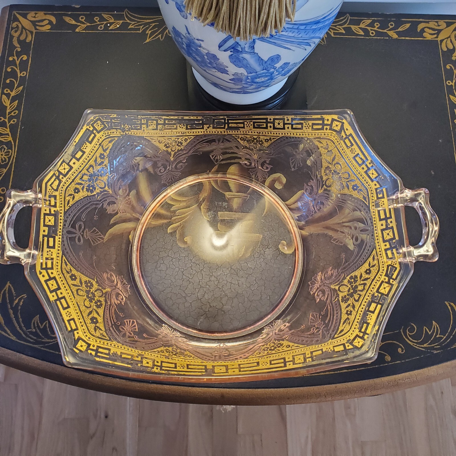 Elegant Pink Depression or Elegant Glass Hexagon Handled Etched Gilded Bowl