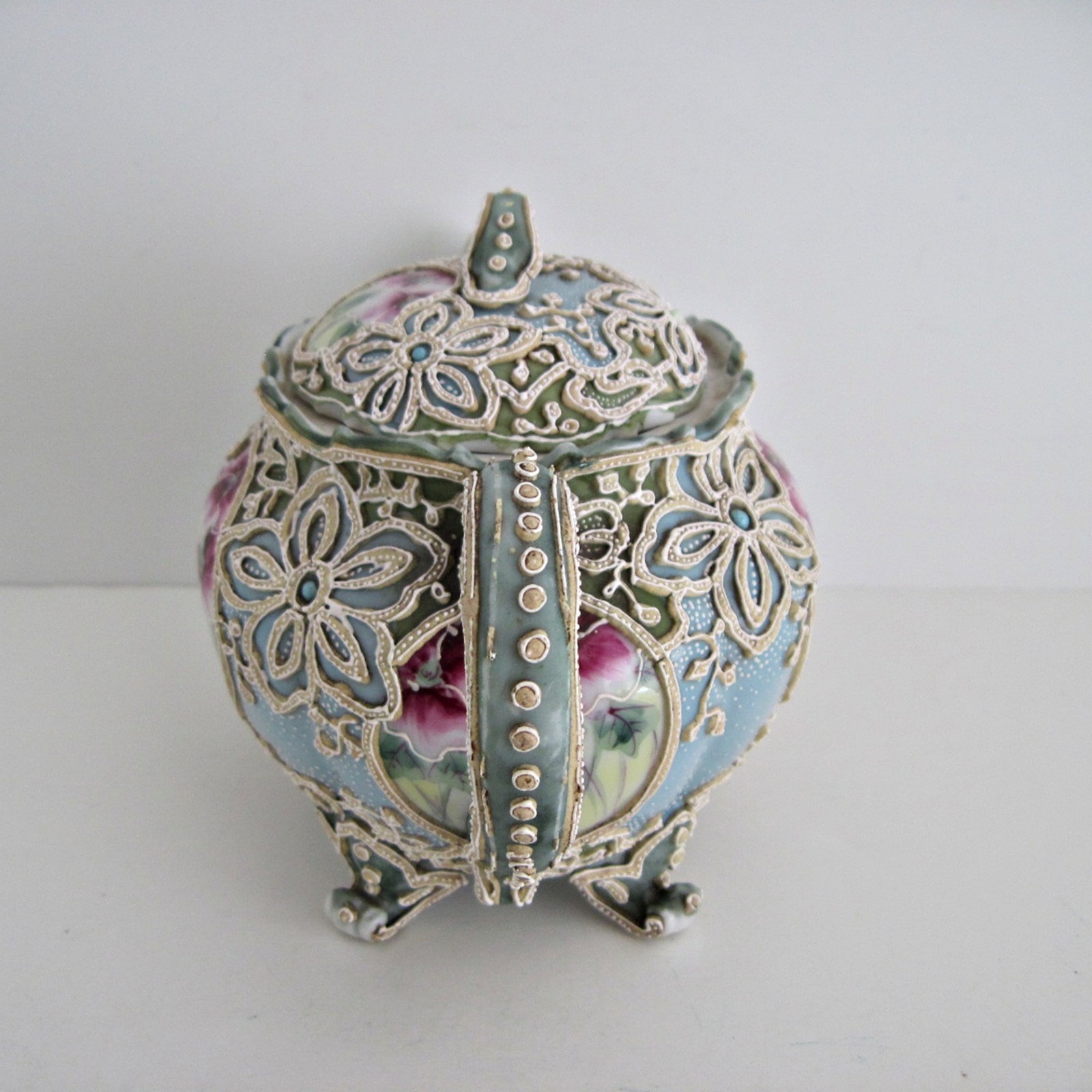 Antique Nippon Moriage Teapot Green Blue With Hand Painted Flowers READ