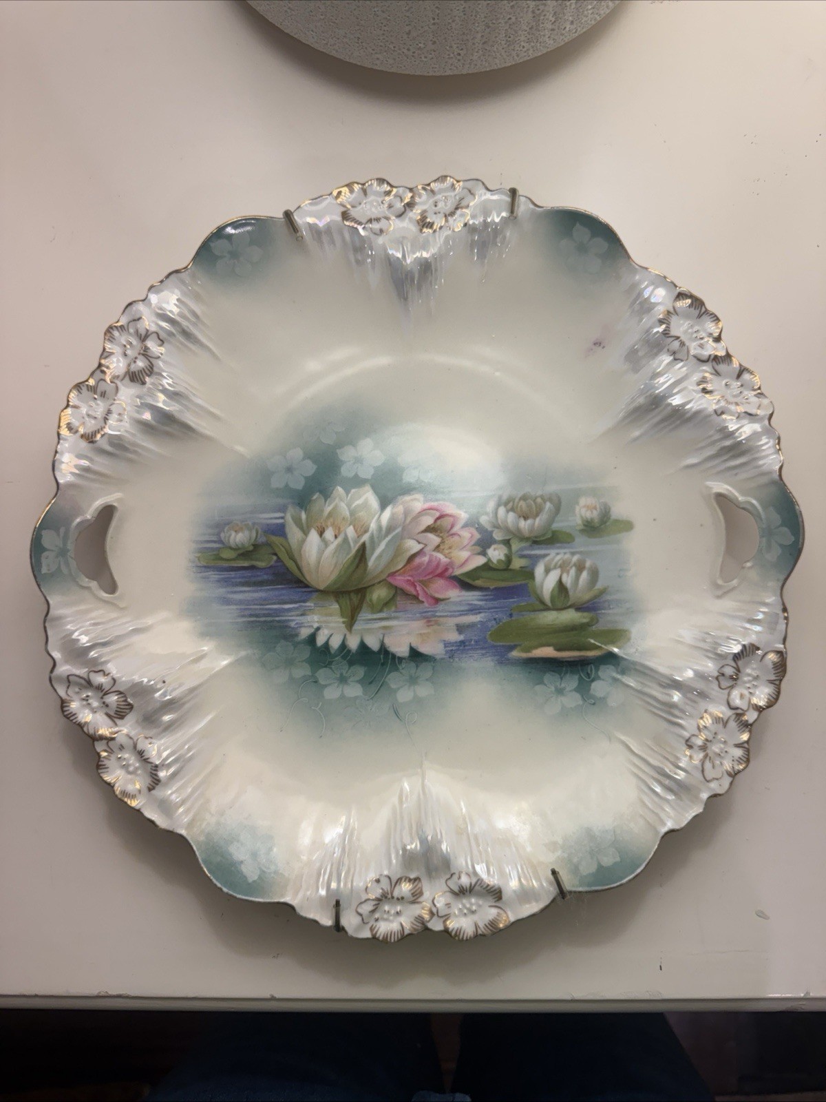 Antique RS Prussia Mold Reflecting Water Lilies Handled Plate 10.25″