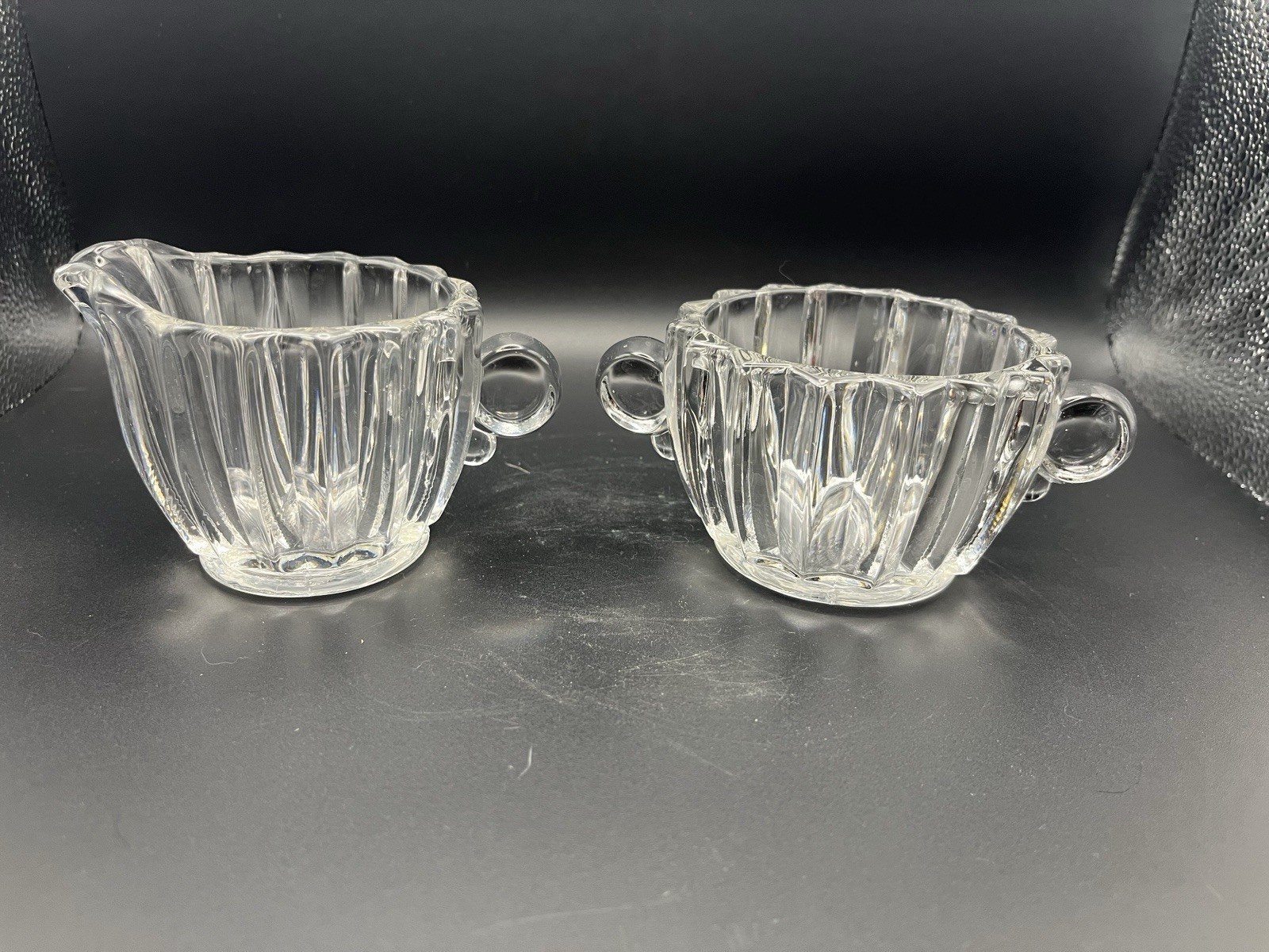 Vtg Jeannette Glass Depression Glass “National” creamer and sugar bowl set Clear