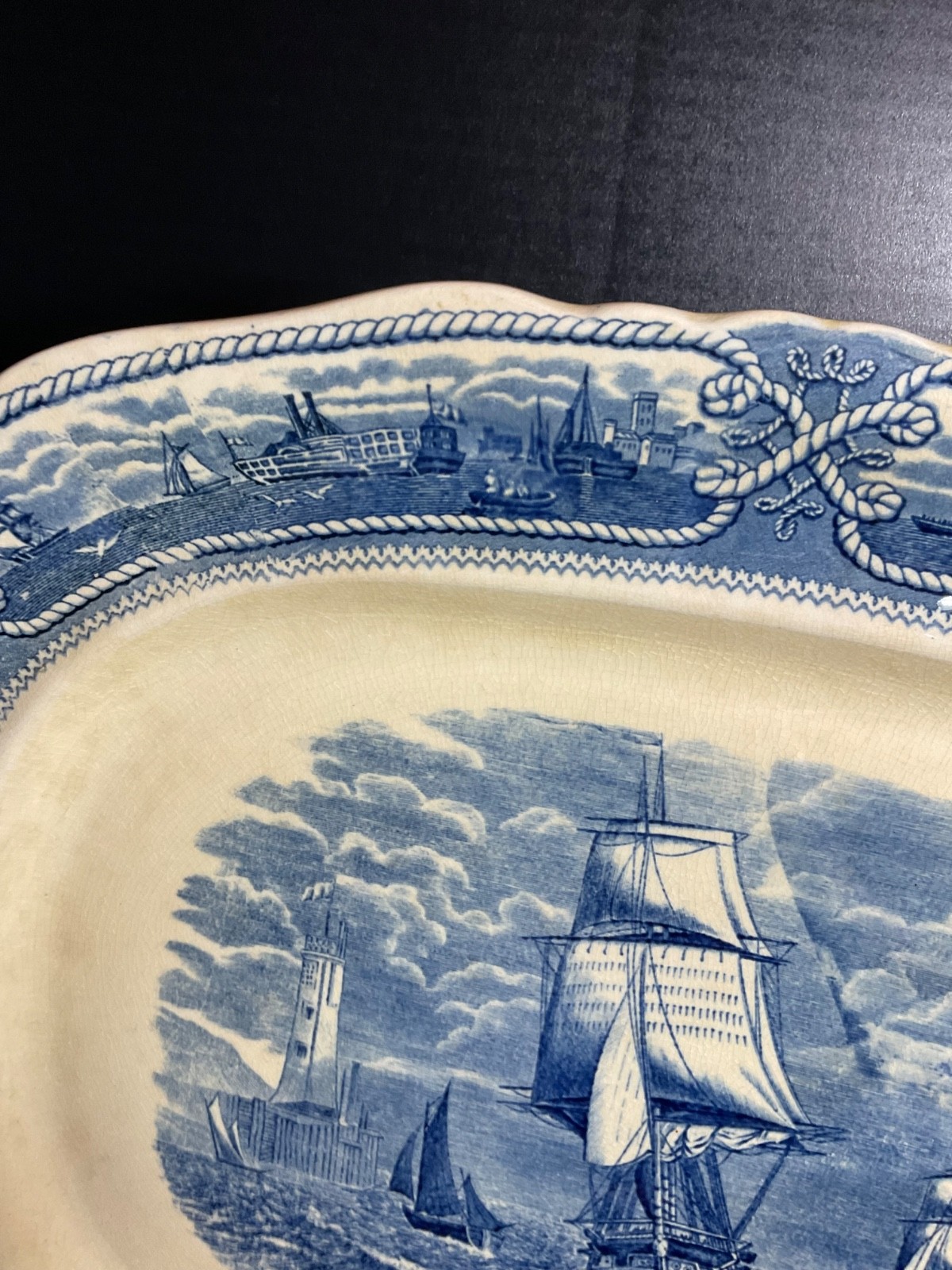 DEFECTIVE Antique Masons AMERICAN MARINE Ironstone Oval Blue 19 Platter G3D