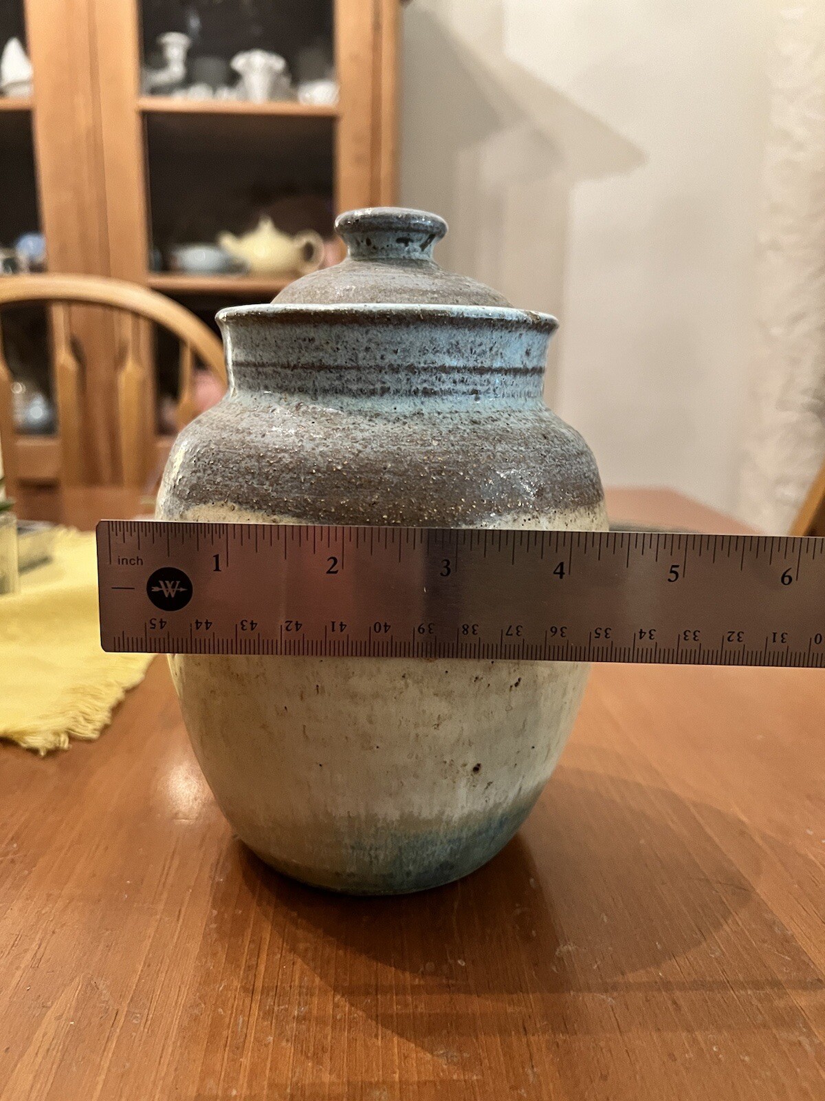 Textured Tan Blue Gray Stone Clay Pottery Ginger Jar Storage Jar Lidded