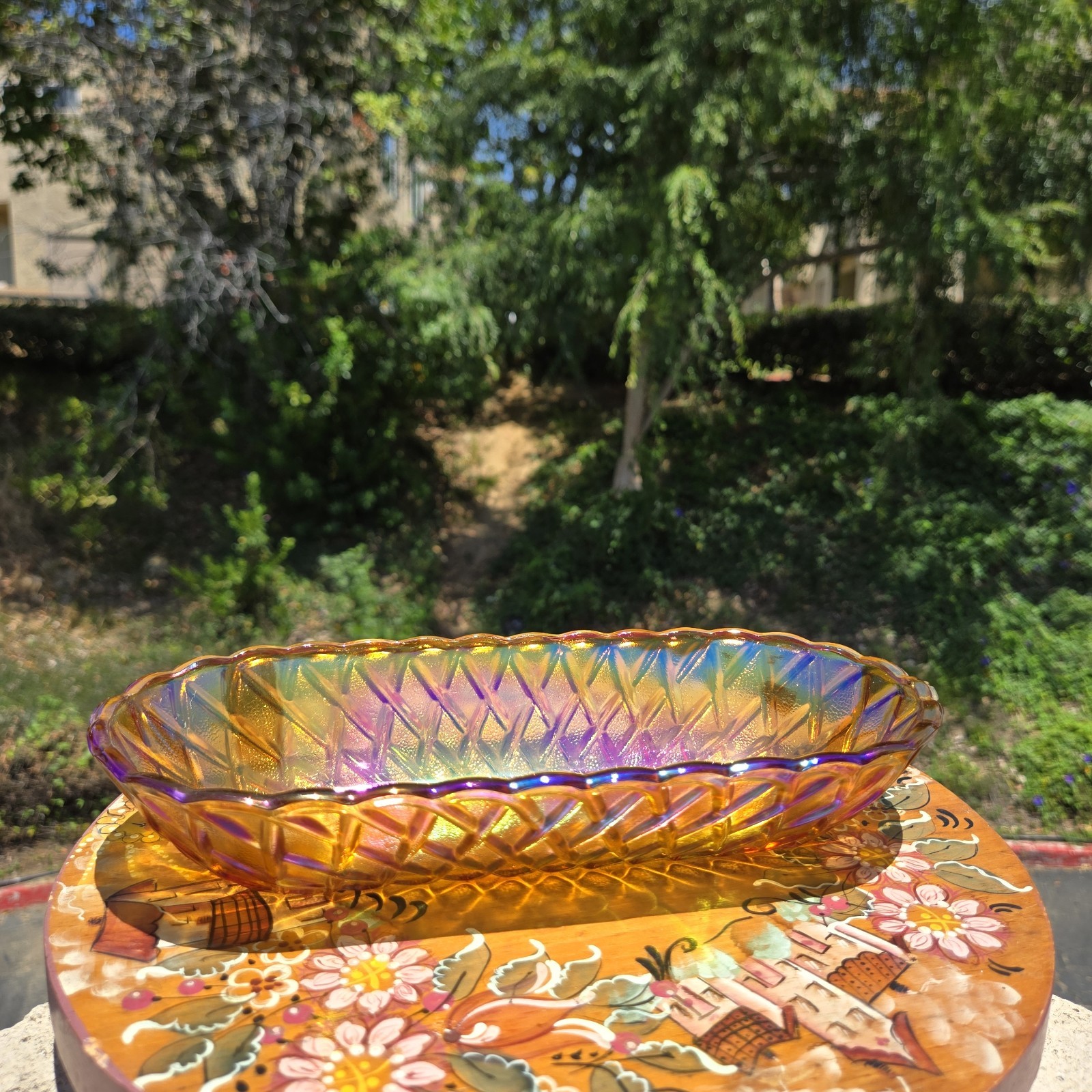 Vintage INDIANA Glass Amber Marigold Oblong Basket Weave Pattern Relish Dish