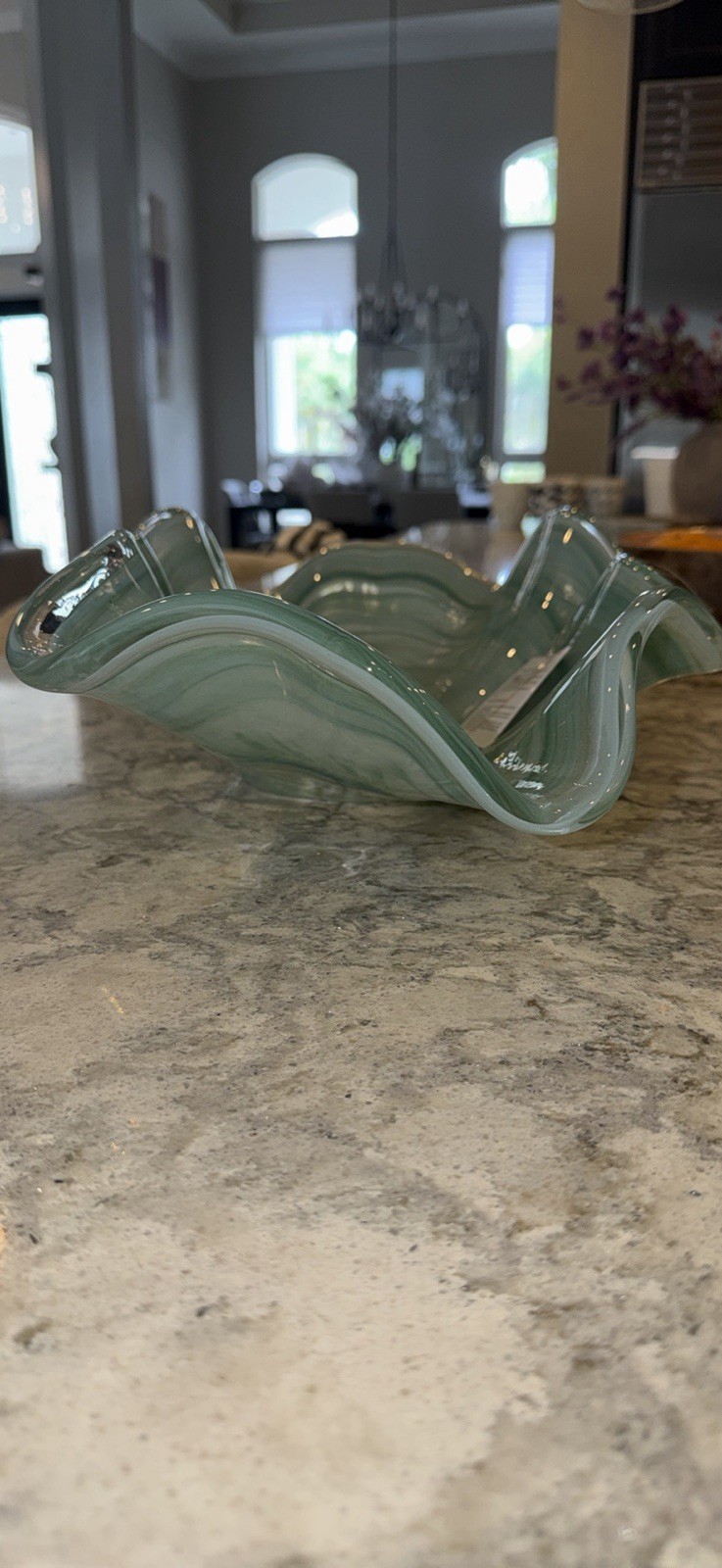 Murano Art Glass Hand Blown Ruffled Centerpiece Bowl | Seafoam Green 15.5” Italy