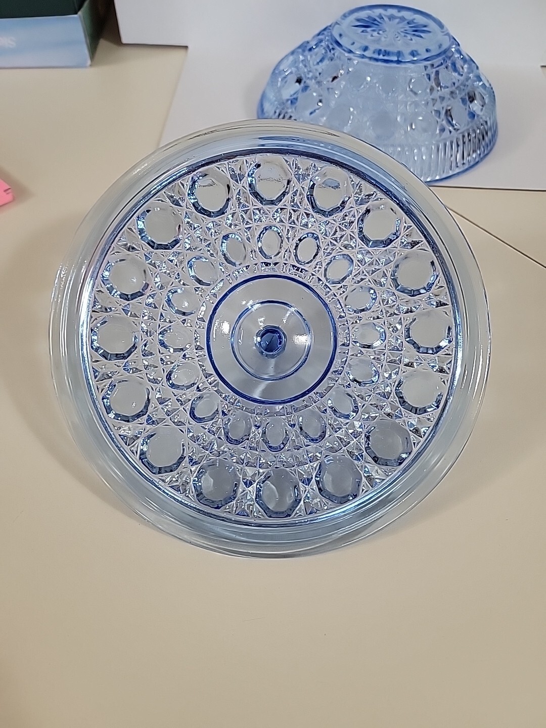 Indiana Glass 7.5 Inches Round Windsor Covered Candy Dish Blue Button Pattern