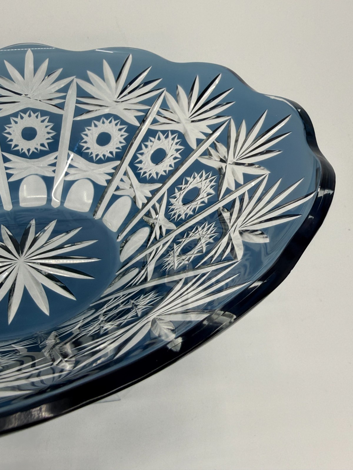 1950s Vintage Bohemian Lead Crystal Glass Cut To Clear Cobalt Blue Bowl 13″W