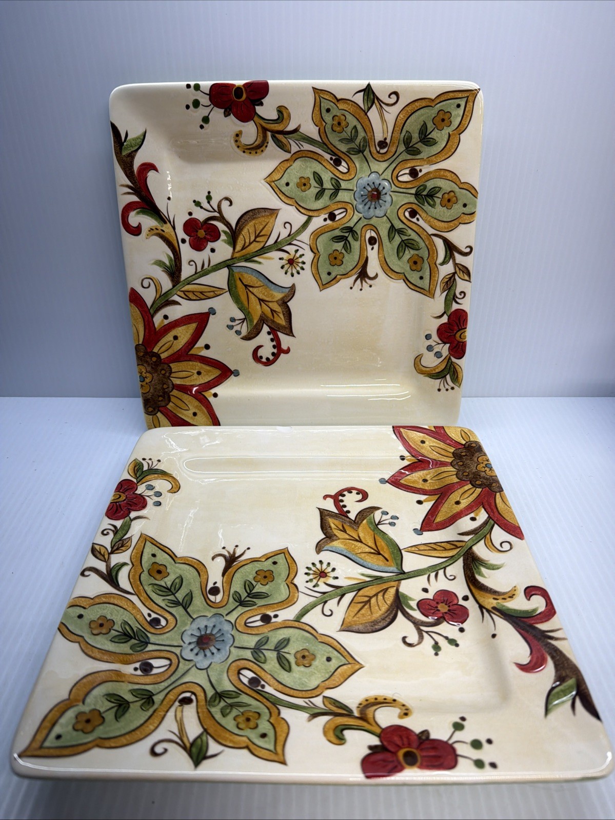 Pier 1 CARYNTHUM Floral Ceramic Square Dinner Plates ~ Set Of 2 (10.75″)
