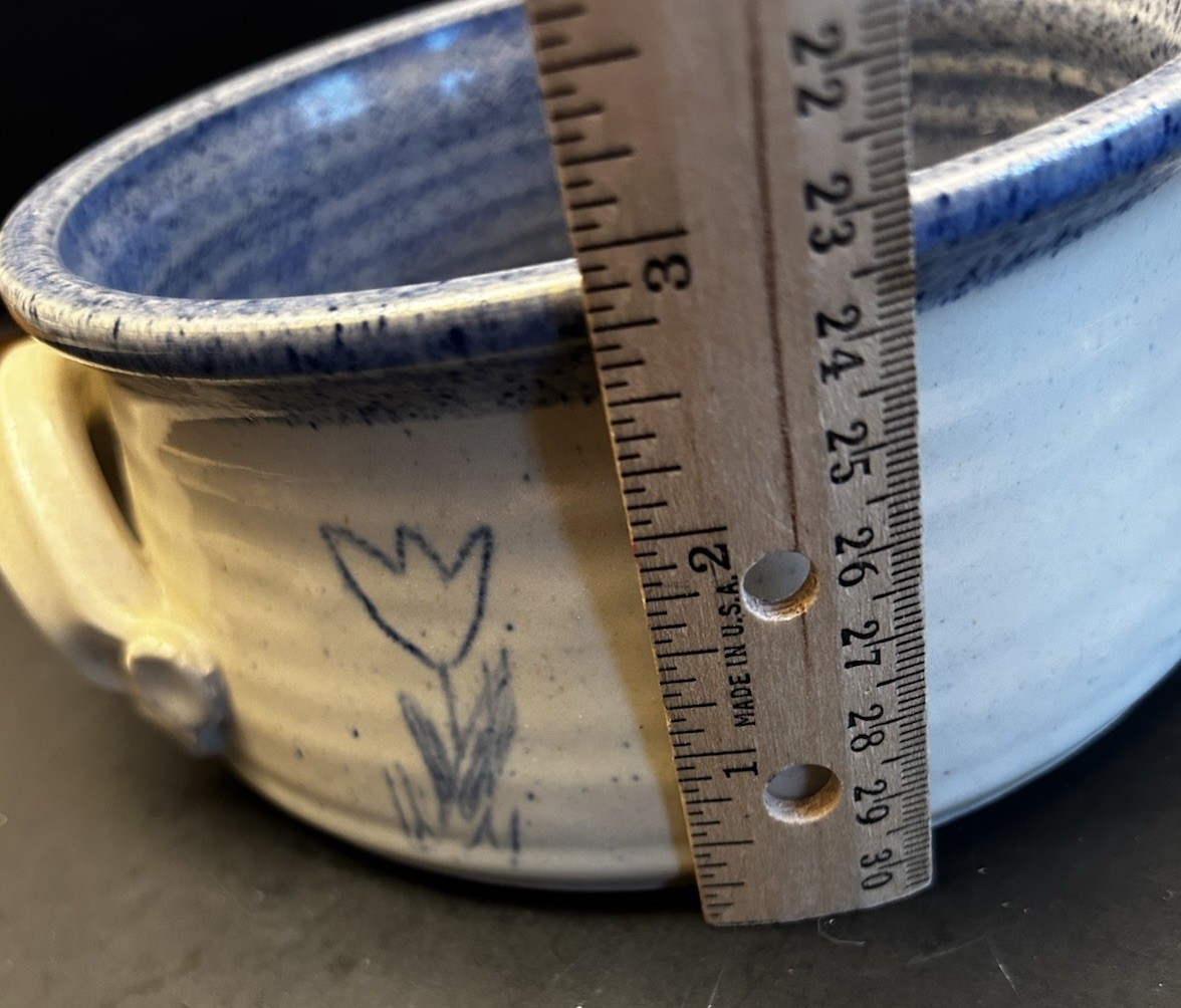 Vtg Signed Studio Pottery Dish W/Handles Blue & Tan Gray 6.25” X 3” Tulip Design
