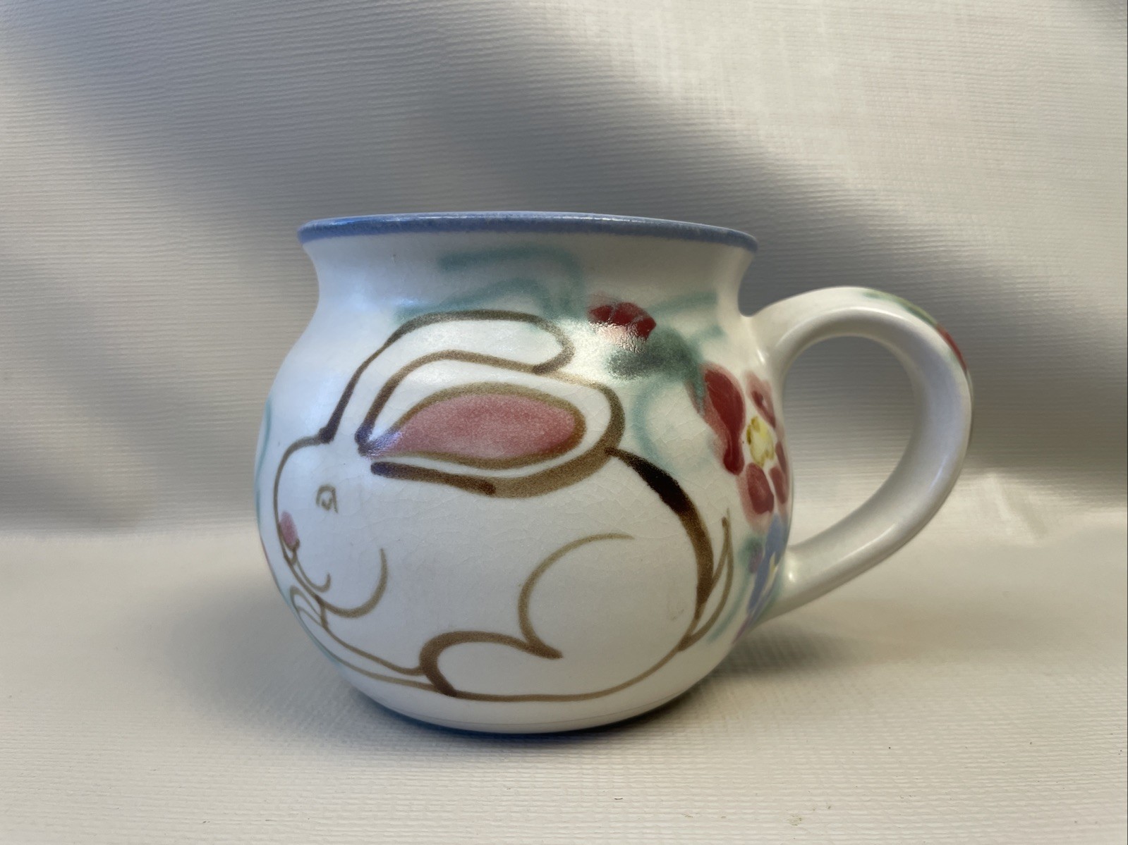 Clouds Folsom Signed Hand-Made Hand Painted Floral & Rabbits Mug 1997