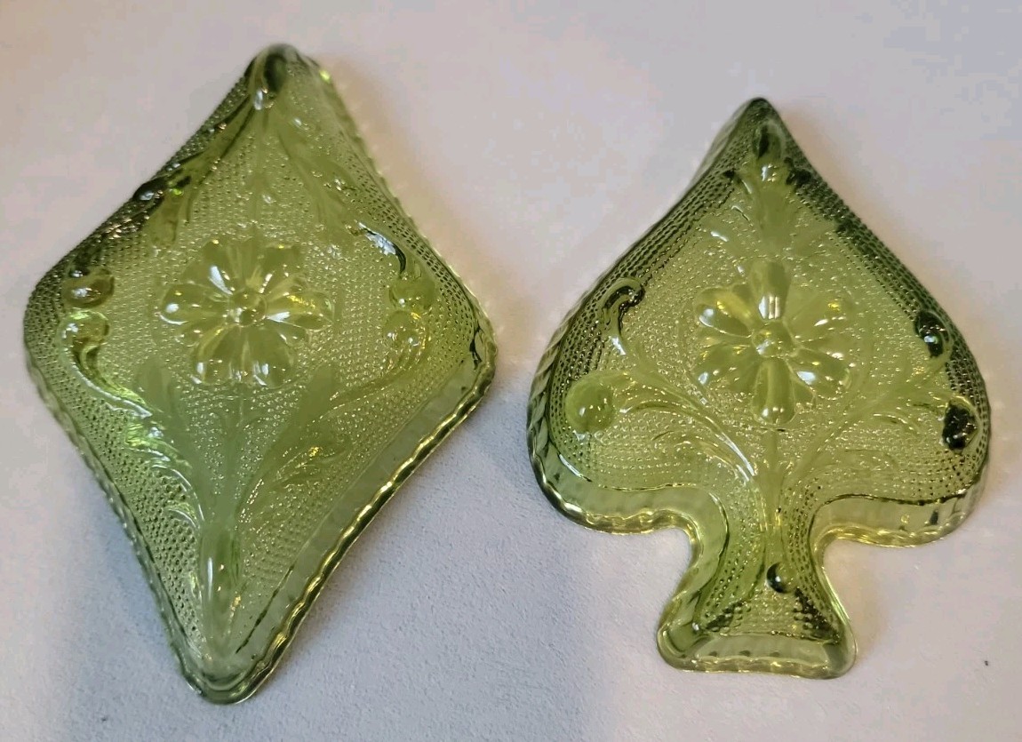Vintage Indiana Glass Tiara Sandwich Green Spade Diamond Nut Trinket Dishes