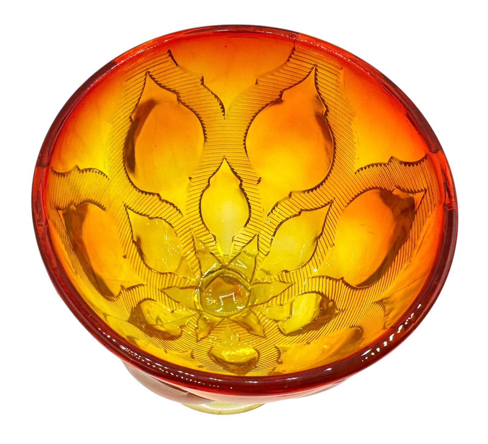 Vintage Mid Century Art Glass Amberina Pedestal Compote Candy Dish Orange 6.25”