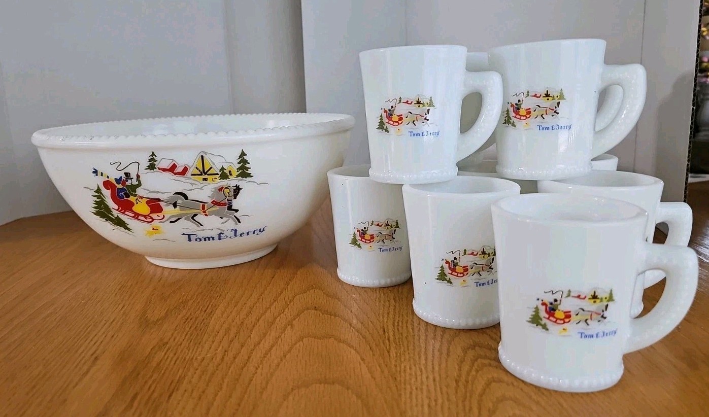 Vintage Tom & Jerry Milk Glass Beaded Punch Bowl & 11 Cups Sleigh Horses