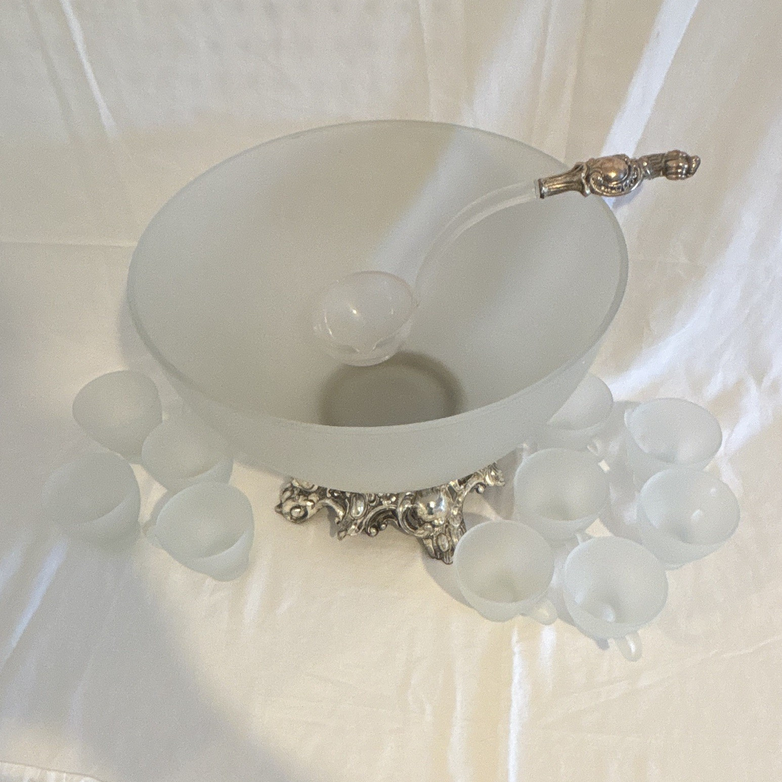 Unmarked Frosted White Glass Round Punch Bowl Set w/ Matching Cups & Ladle