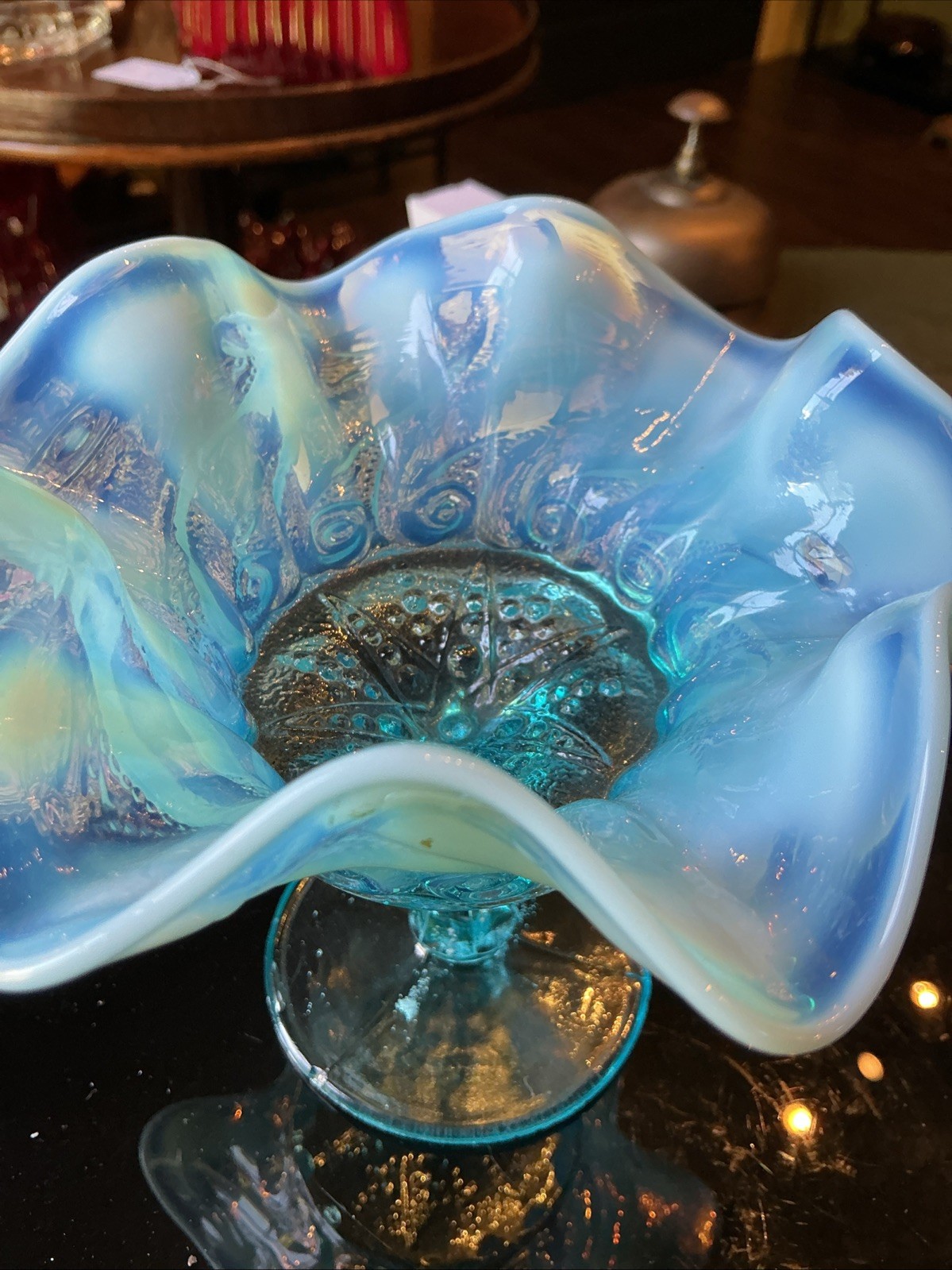 Scarce 5.5” Antique Dugan Blue Opalescent Constellation Glass Compote