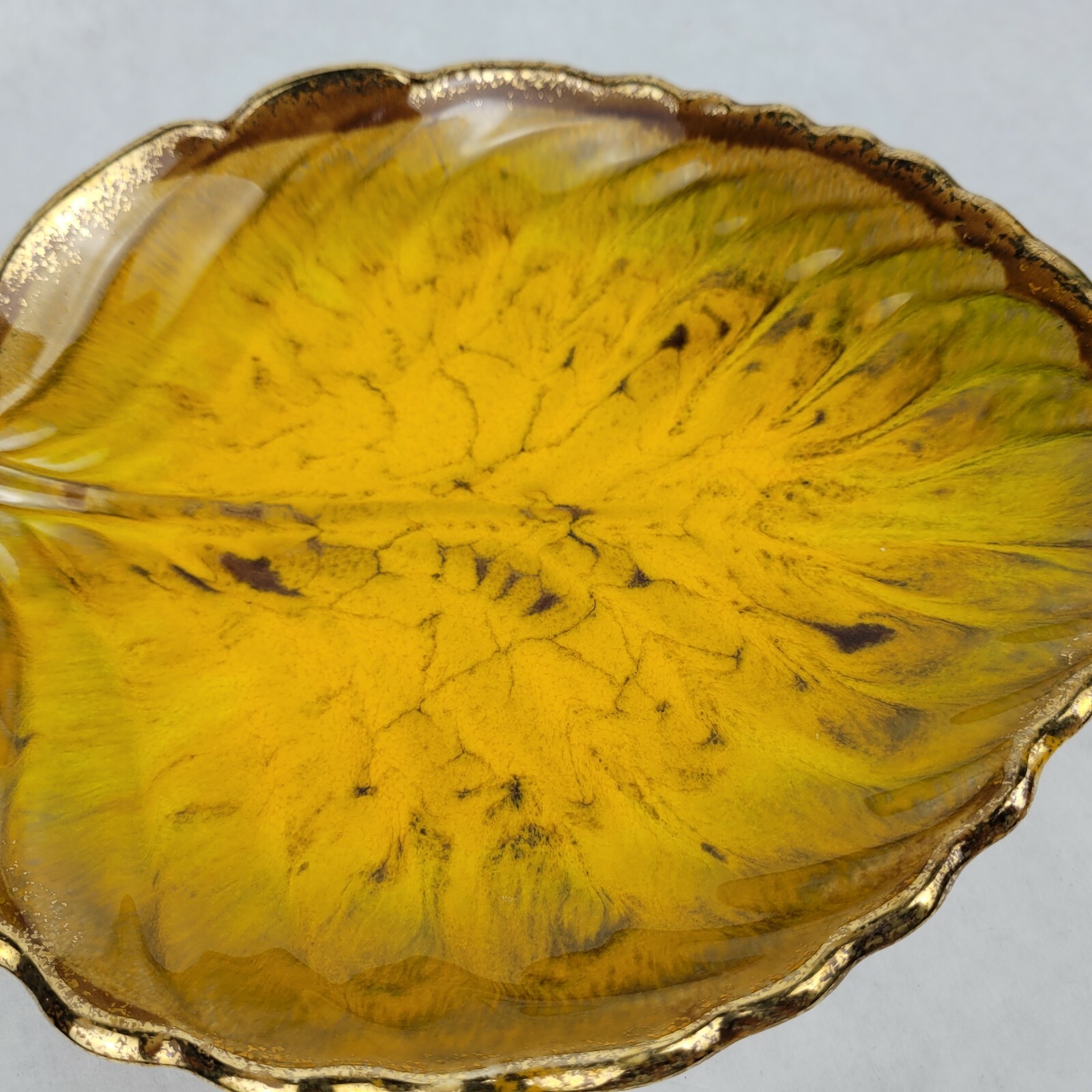 California Pottery Yellow Leaf Dish no 872 Brown Glaze Gold Rim USA Made