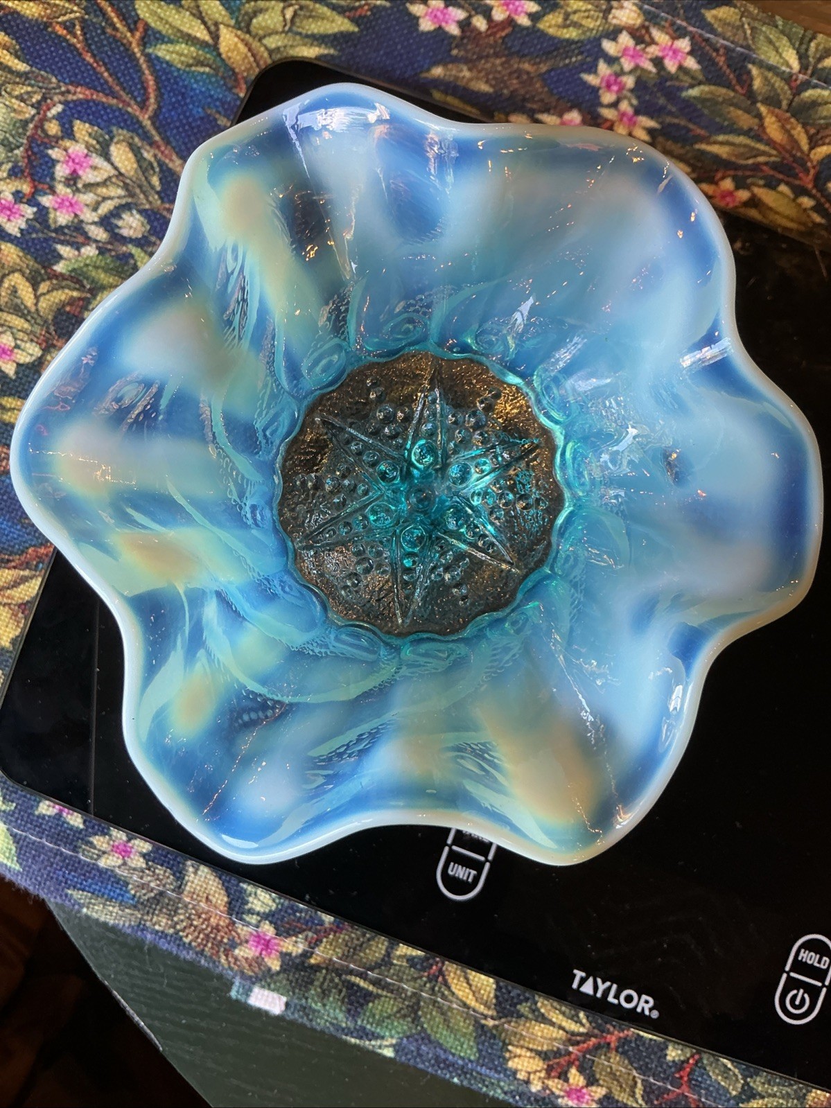 Scarce 5.5” Antique Dugan Blue Opalescent Constellation Glass Compote