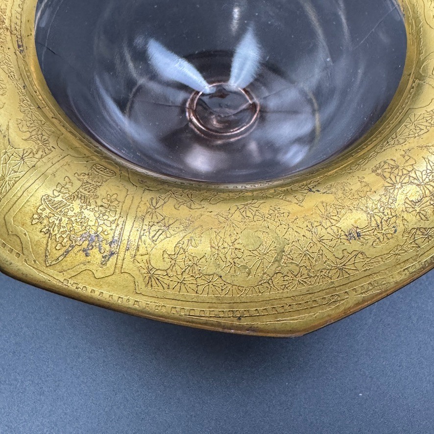 Vtg Octagonal Footed Pink Depression Glass With Gold Gilded Rim Etched Patterns