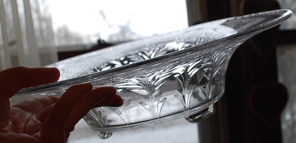 Vintage ROCK SHARPE Crystal FOOTED WIDE BOWL Clear Cut Floral & Dots 12.25″ EXC
