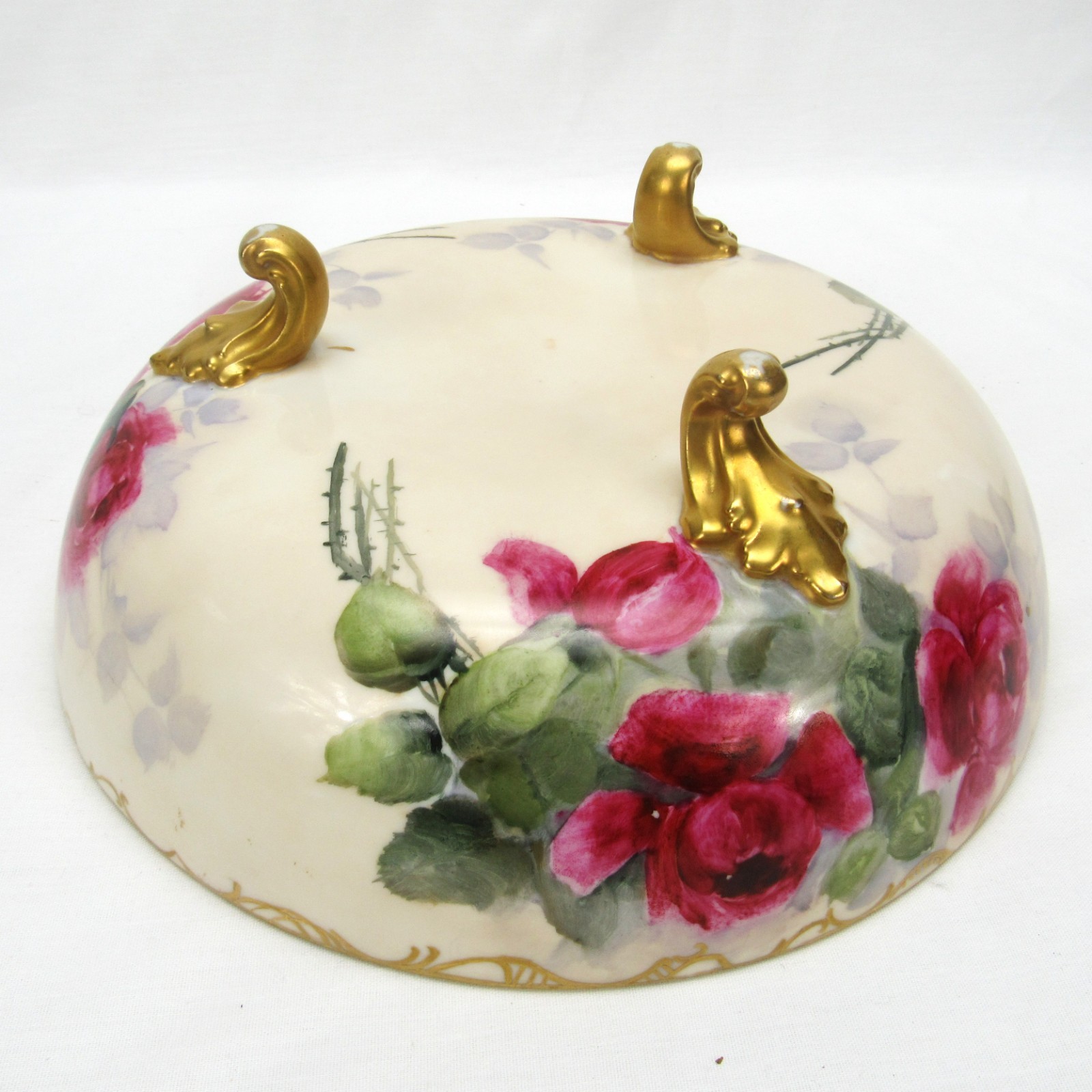 Antique Hand Painted tri Footed Bowl red roses with orated Gold Trim 9″