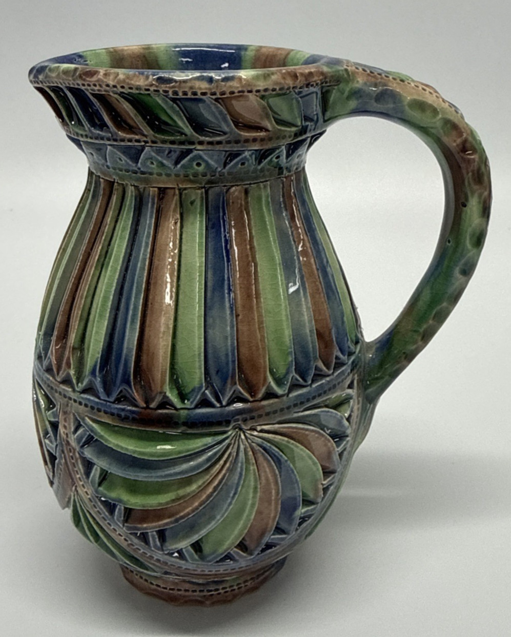 Friesland Dutch Kerfsnee Art Pottery Pitcher Green Blue Brown RF de Boer Holland