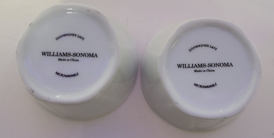 2 WHITE PORCELAIN WILLIAMS SONOMA ROUND SAUCE DISHES 1.25 BY 2.25 INCHES 1 OZ