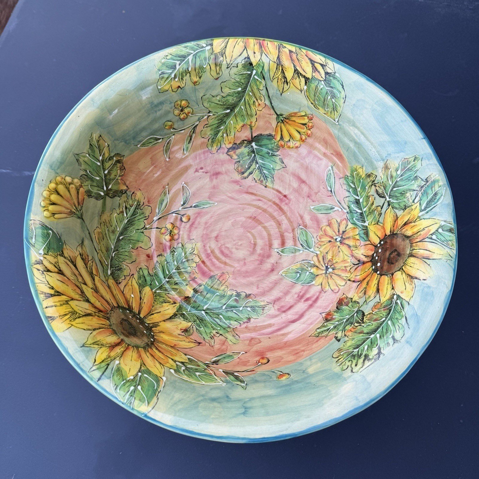 Vintage Sunflower Footed Pedestal Bowl Hand Painted Ceramic Centerpiece 12”