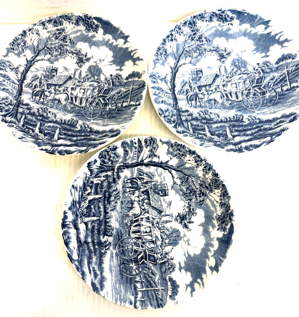 3 Royal Wessex England Blue Cottage Carriage Coach Horses Scene Saucers