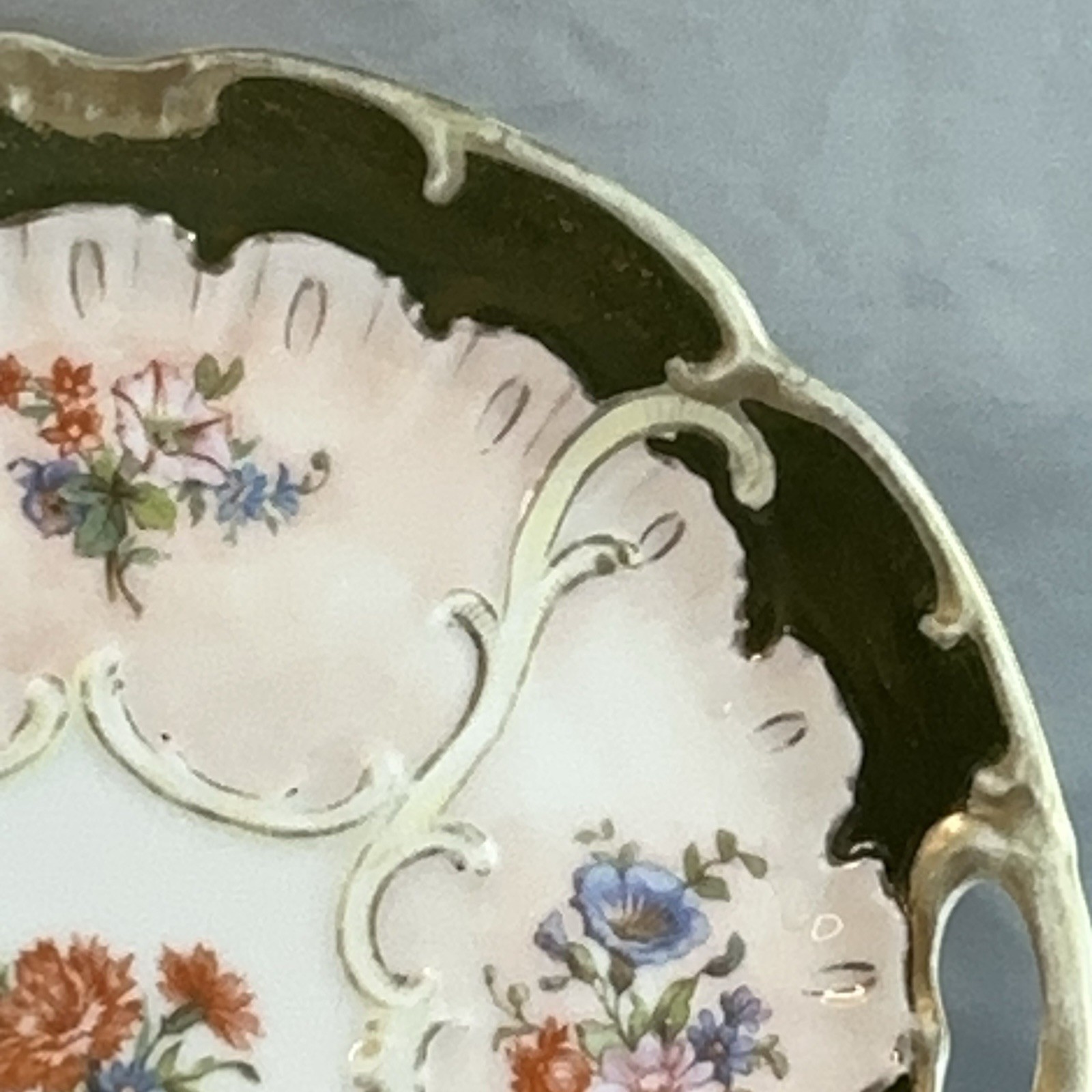 Antique Victorian Handled Cake Plate Pattern 930 Forest Green Stipple Gilt 10.5″