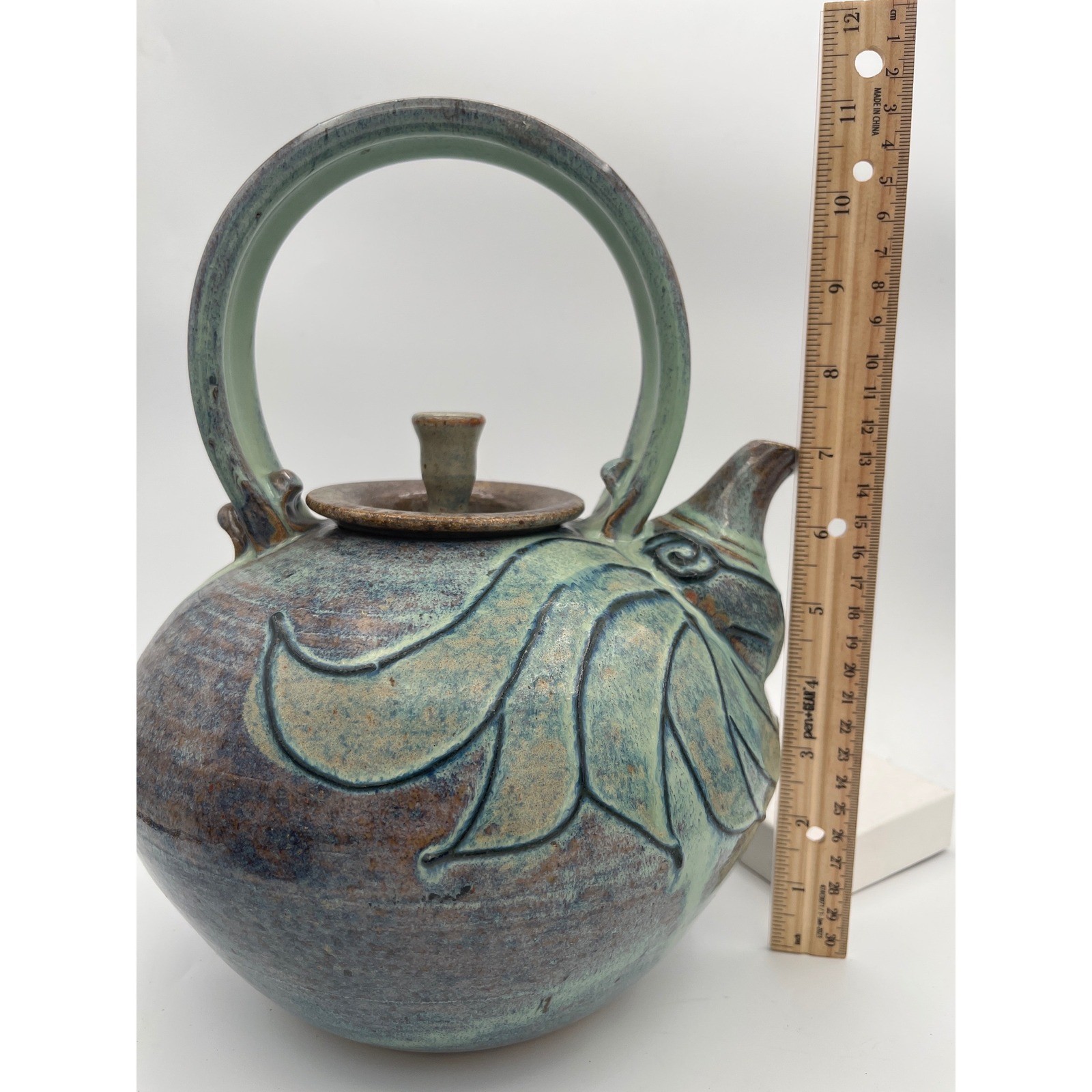 Artisan studio Pottery Teapot Signed large Glazed Stoneware Blue Green vtg