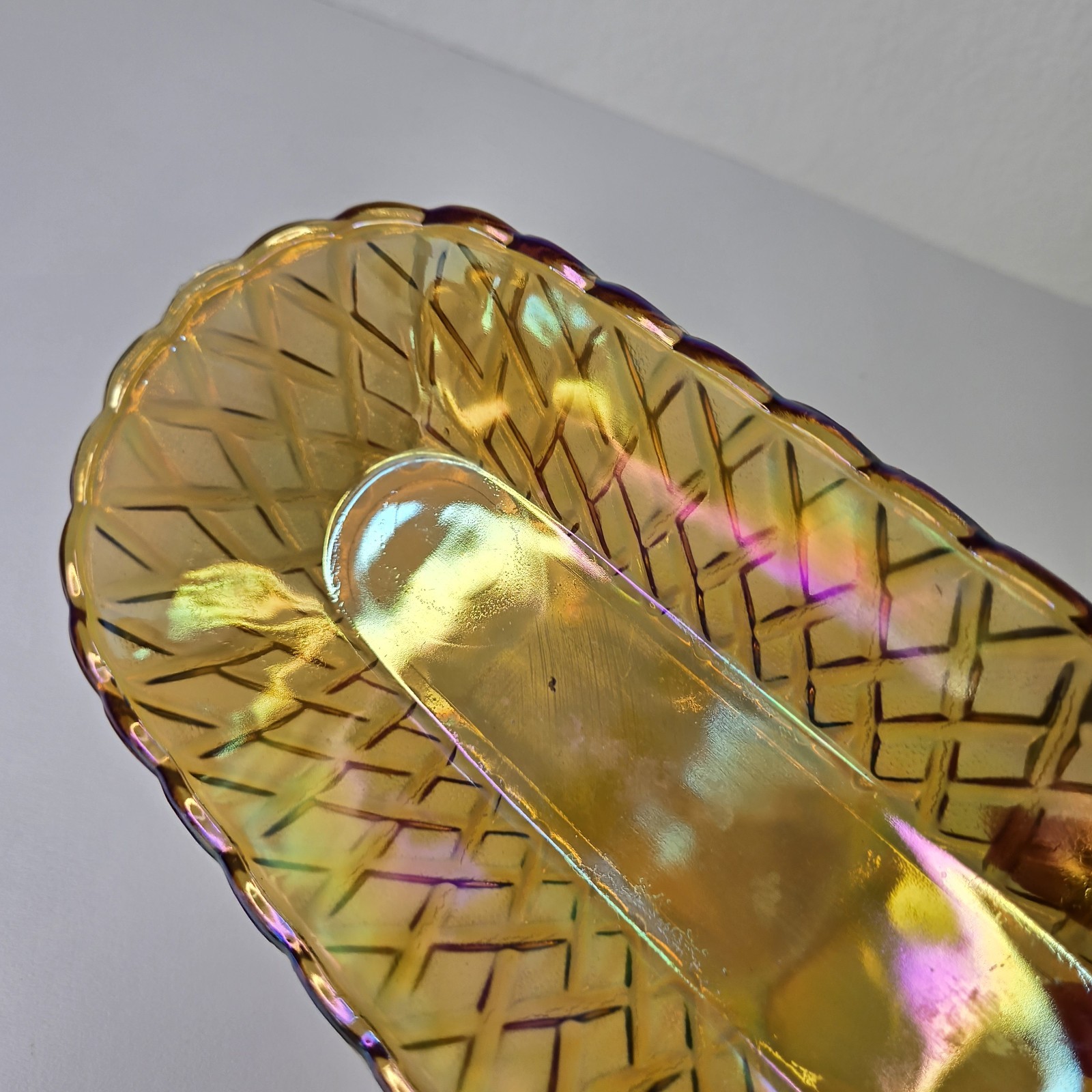 Vintage INDIANA Glass Amber Marigold Oblong Basket Weave Pattern Relish Dish