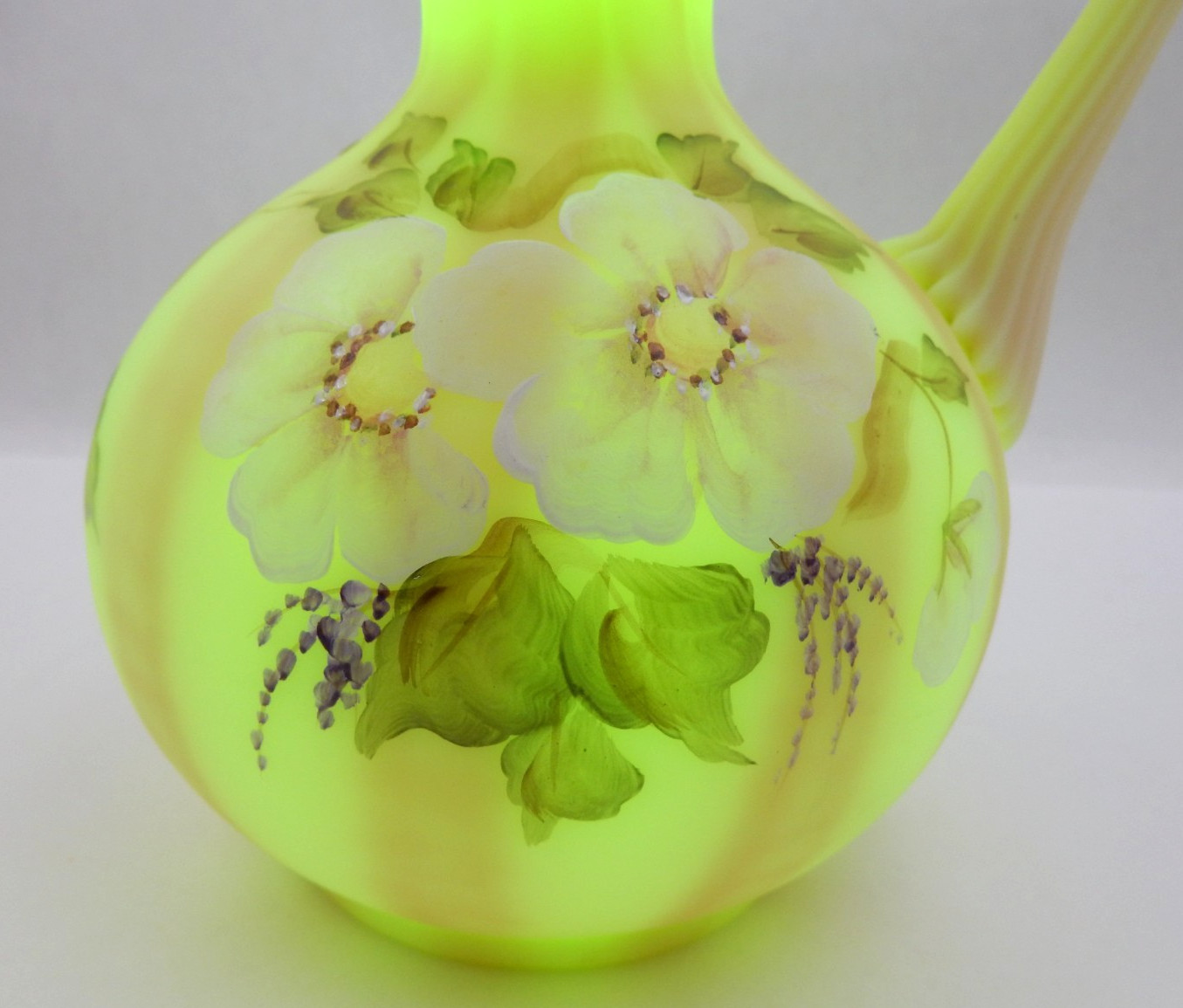 FENTON BURMESE URANIUM GLASS BILL FENTON 56 YEARS ANNIV. PITCHER, SIGNED, 6-1/2″