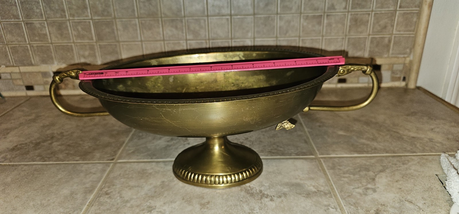 Brass Centerpiece Bowl Compote w/Koi fish Handles, Pedestal Base, Beaded Rim