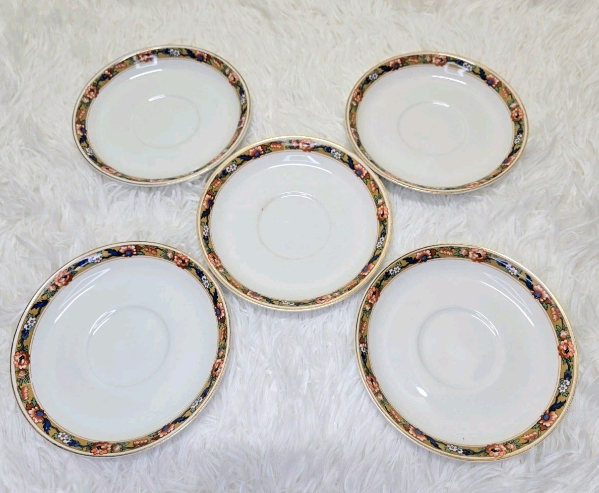 Set of 5 Vintage Johnson Bros England JB17 saucer plates rust blue floral gold
