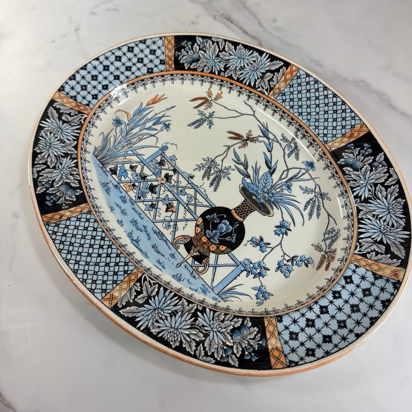 Antique Copeland Spode Transferware KEW Oval Platter 15″ Aesthetic Movement Blue
